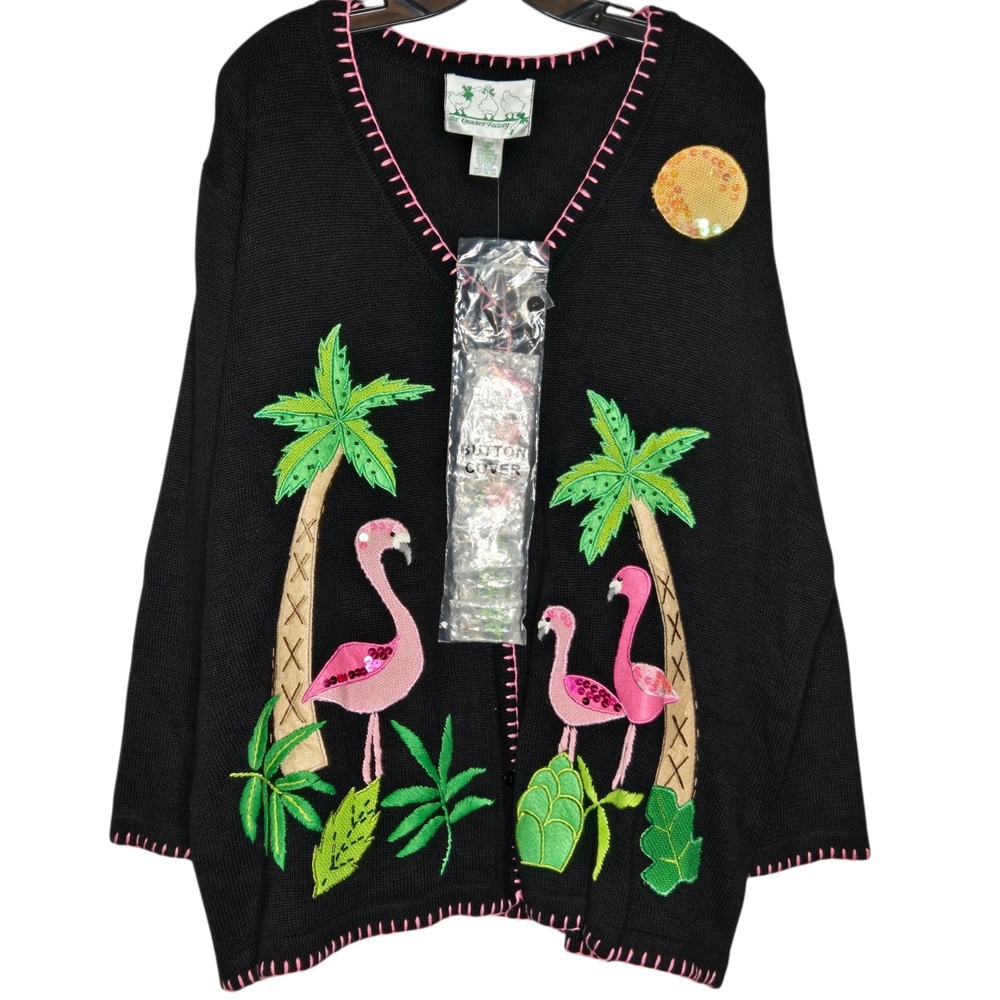 VTG Quacker Factory Flamingo Palm Tree Cardigan Sweater Plus Size 1X Sequins
